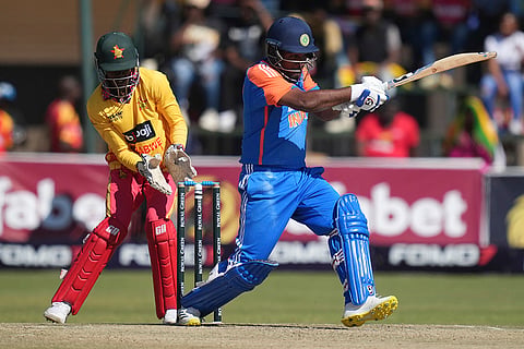 Sanju Samson plays a shot during the T20 cricket match against Zimbabwe